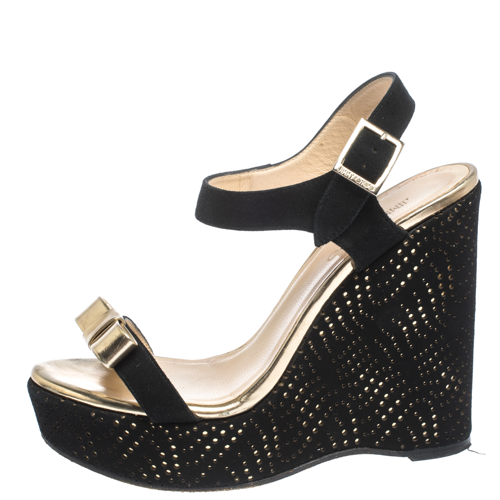 

Jimmy Choo Black Perforated Suede and Gold Leather Nice Wedge Bow Sandals Size