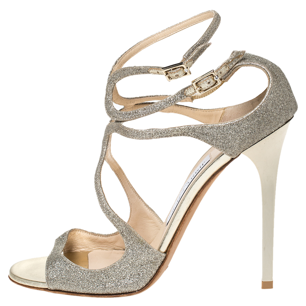 

Jimmy Choo Silver Glitter Fabric Lang Ankle Strap Sandals Size