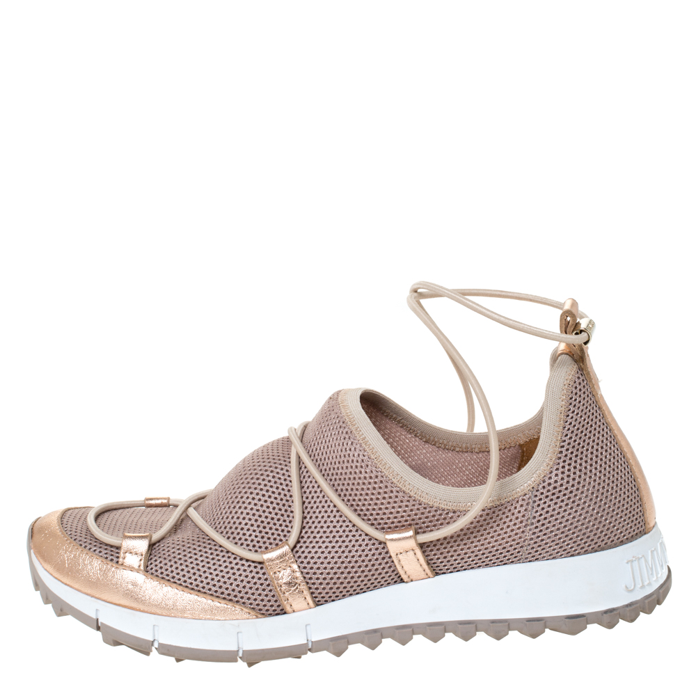 

Jimmy Choo Metallic Beige Mesh And Leather Trims Andrea Mesh Slip-On Sneakers Size