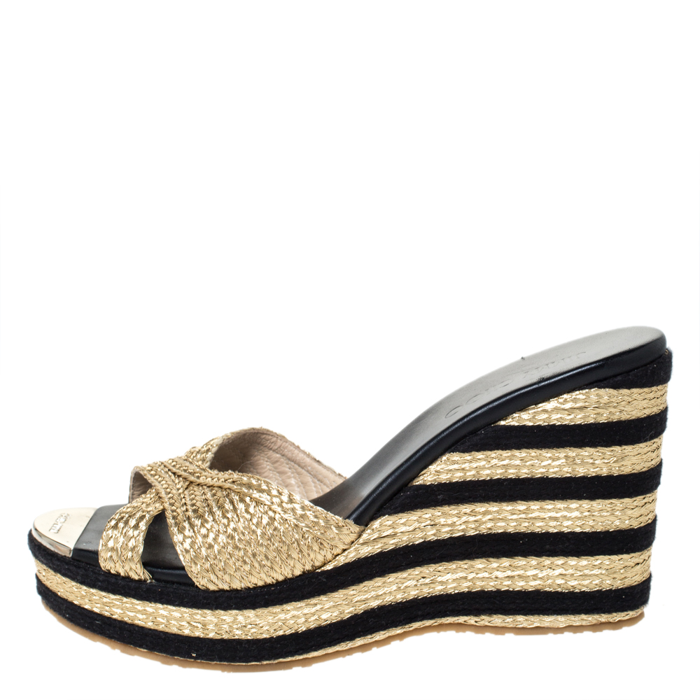 

Jimmy Choo Black/Metallic Gold Woven Thread Pandora Cork Wedges Size