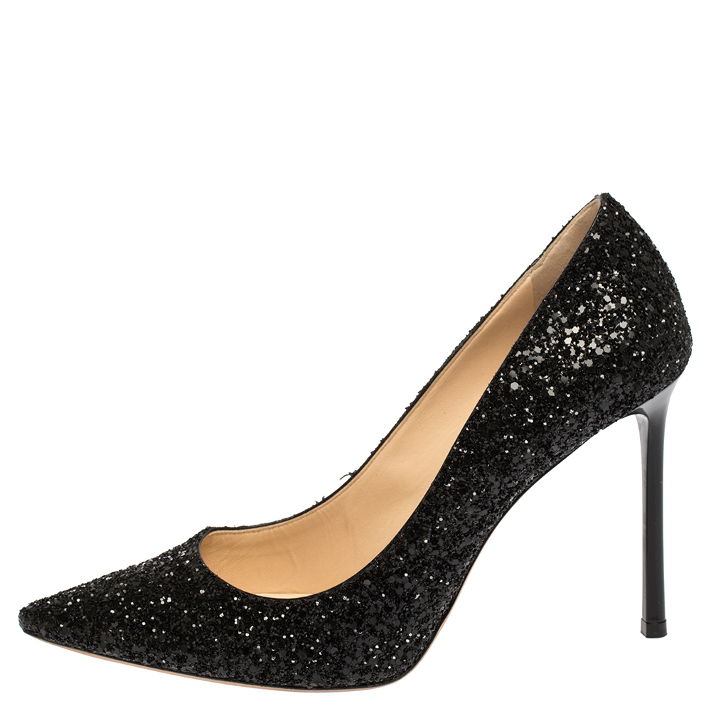 

Jimmy Choo Black Coarse Glitter Romy Pointed Toe Pumps Size
