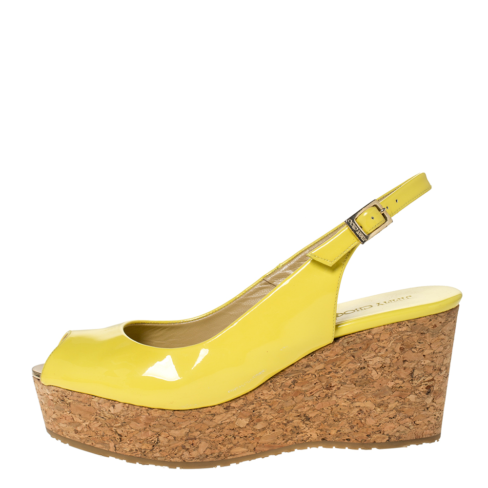 

Jimmy Choo Yellow Patent Leather Praise Slingback Wedge Sandals Size