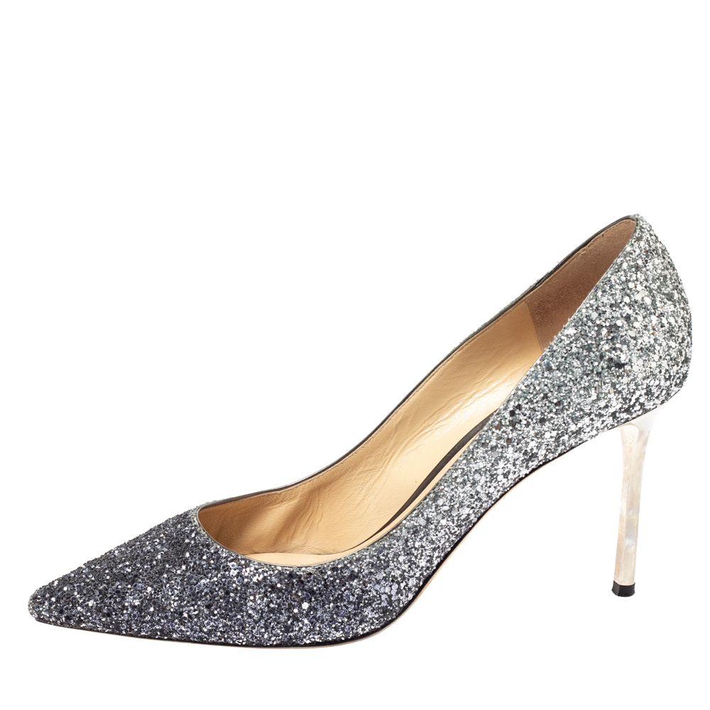 

Jimmy Choo Two-tone Ombre Coarse Glitter Fabric Romy Pointed Toe Pumps Size, Metallic