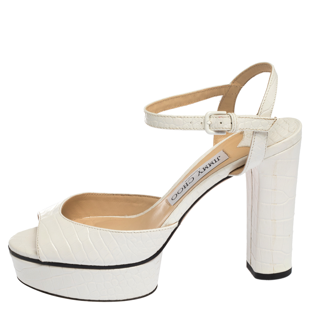 

Jimmy Choo White Python Embossed Leather Peachy Platform Ankle Strap Sandals Size