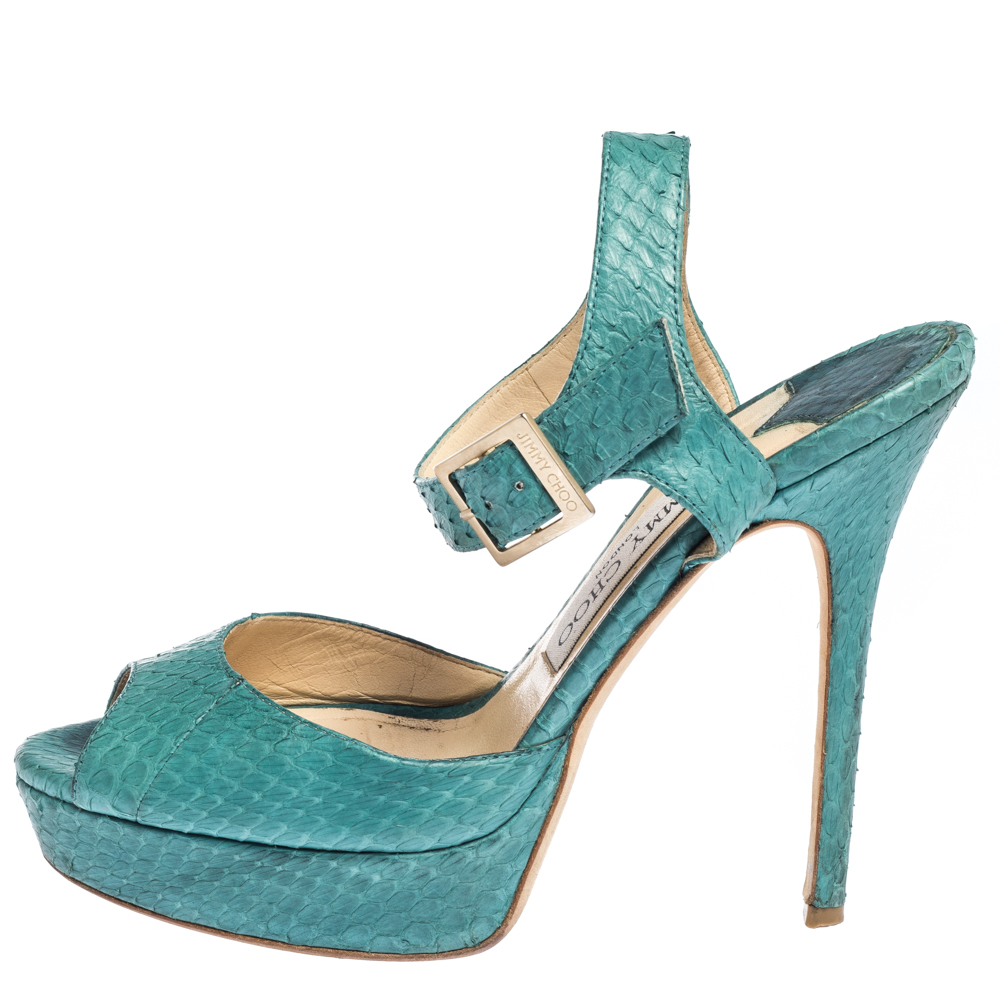 

Jimmy Choo Emerald Green Python Leather Platform Ankle Strap Sandals