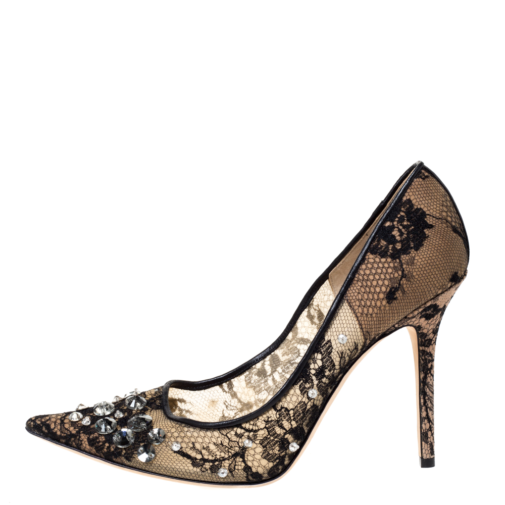 

Jimmy Choo Black Lace And Leather Trim Embellished Lyzo Pointed Toe Pumps Size