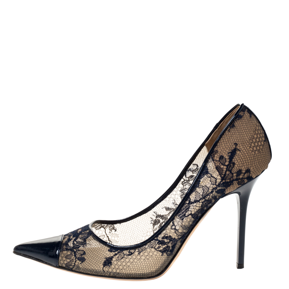 

Jimmy Choo Blue Lace and Patent Amika Cap Toe Pointed Pumps Size