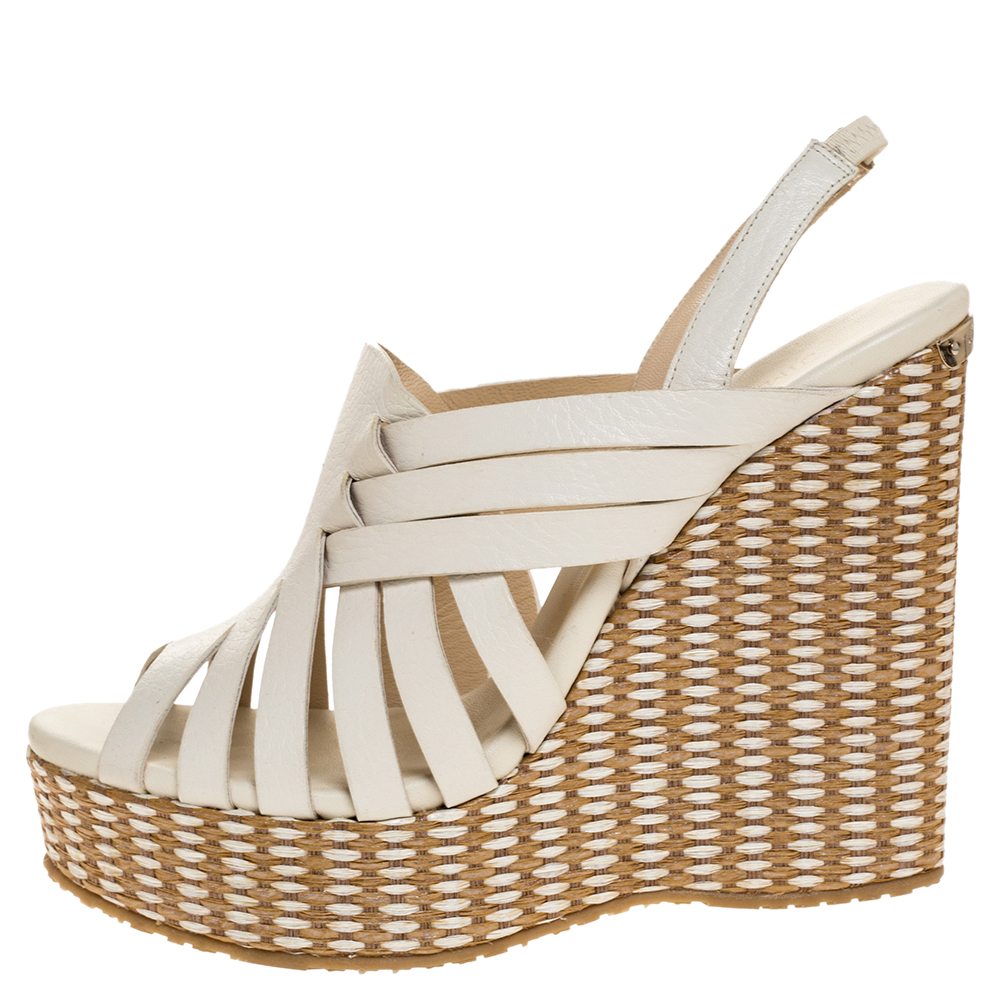 

Jimmy Choo White Leather And Brown Raffia Perdita Wedge Platform Sandals Size