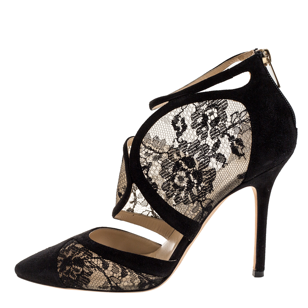 

Jimmy Choo Black Suede Leather And Lace Cut Out Pointed Toe Sandals Size
