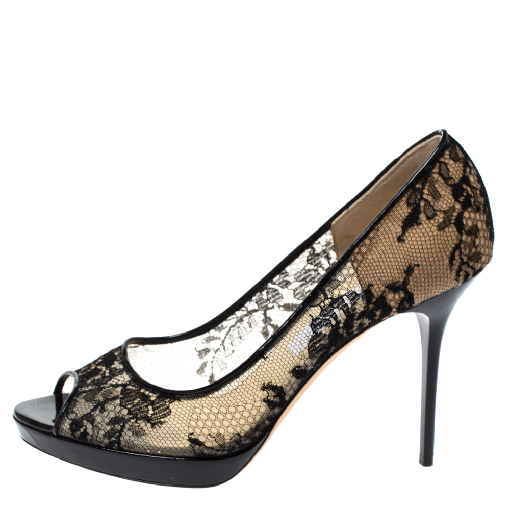 

Jimmy Choo Black Lace And Mesh Dahlia Peep Toe Pumps Size