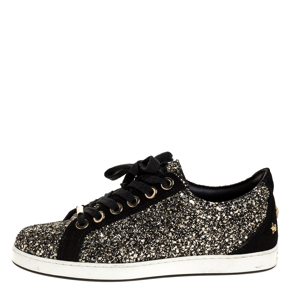

Jimmy Choo Black/Gold Glitter And Suede Leather Low Top Sneakers Size