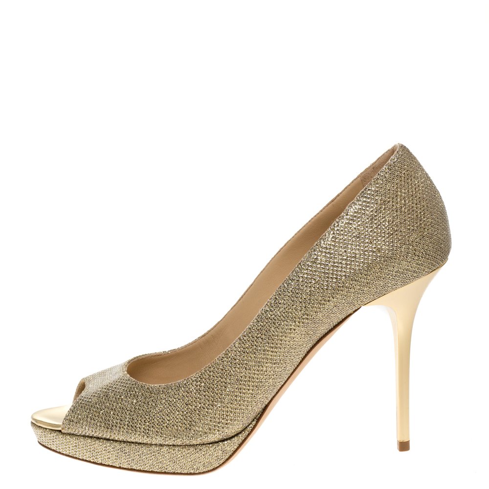 

Jimmy Choo Gold Glitter Fabric Luna Peep Toe Platform Pumps Size