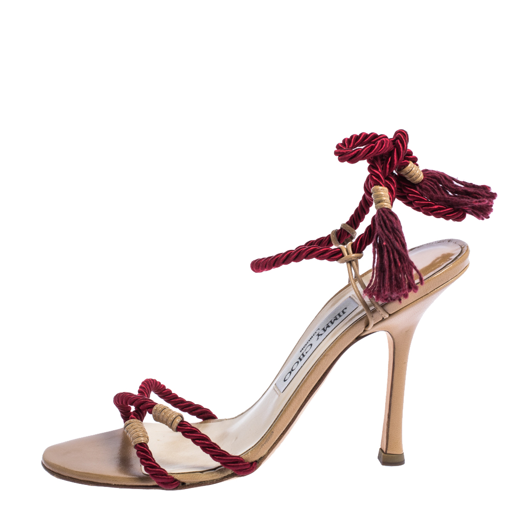

Jimmy Choo Red Cotton Rope Ankle Wrap Sandals Size