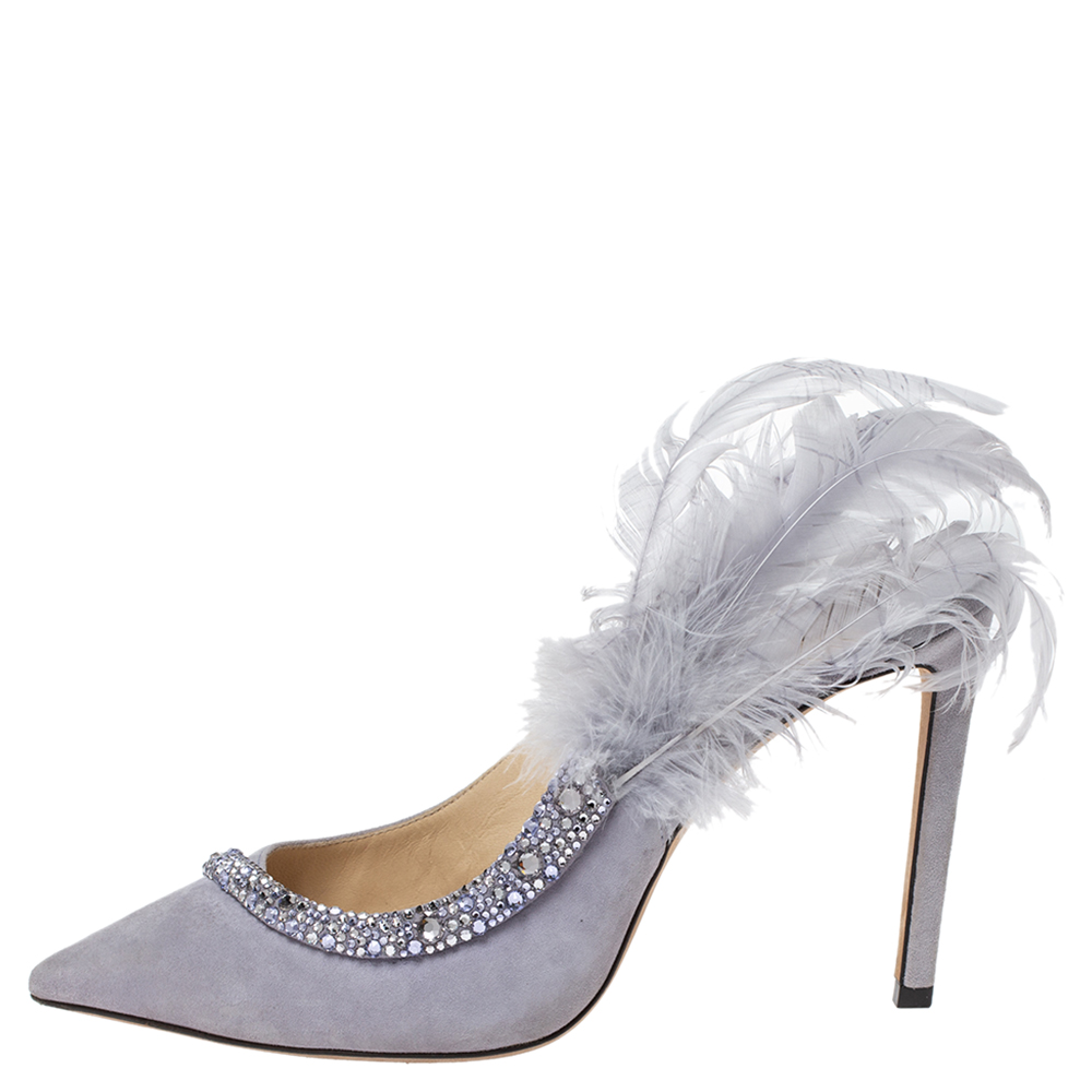 Jimmy Choo Lilac Suede Feather And Crystal Embellished Tacey Slingback Pumps Size, Purple