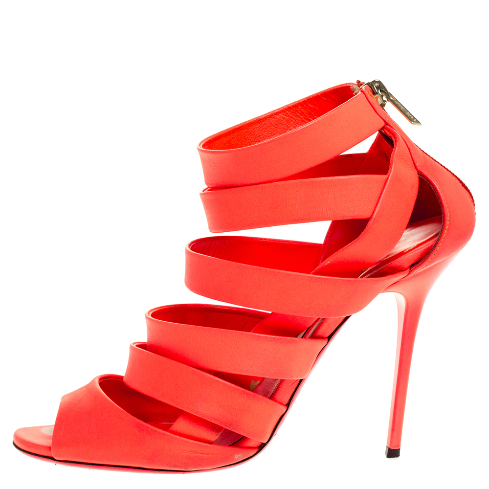 

Jimmy Choo Neon Orange Caged Leather 'Dame' Sandals Size