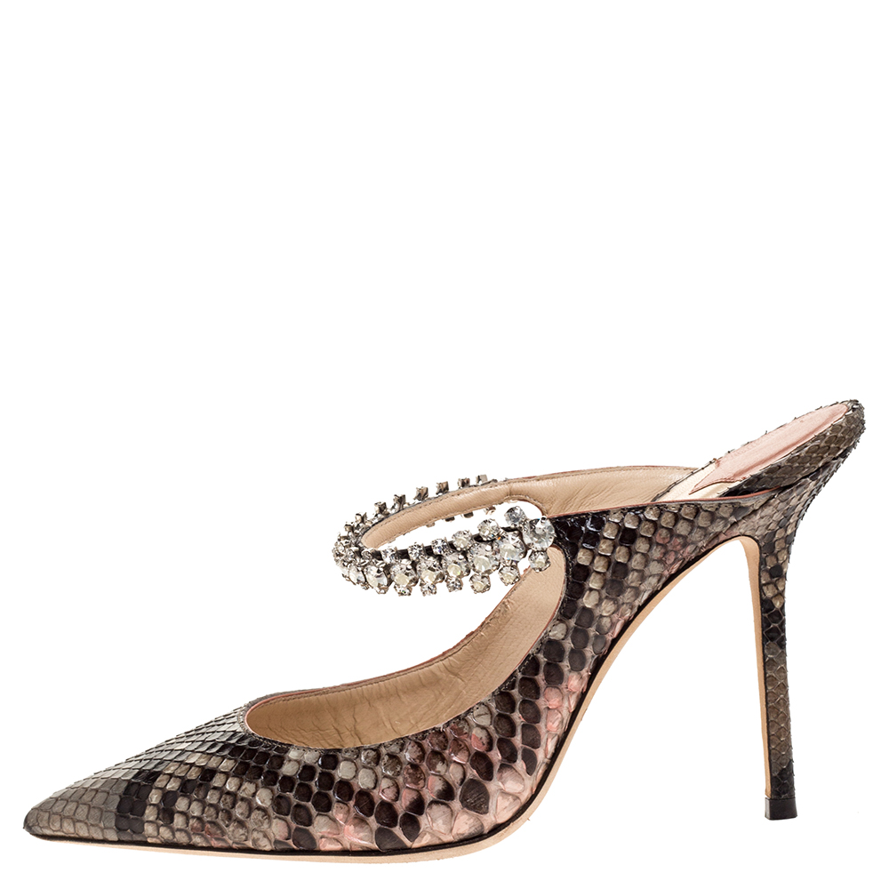 

Jimmy Choo Brown/Beige Python Leather Bing 65 Crystal Embellished Pointed Toe Mules Size