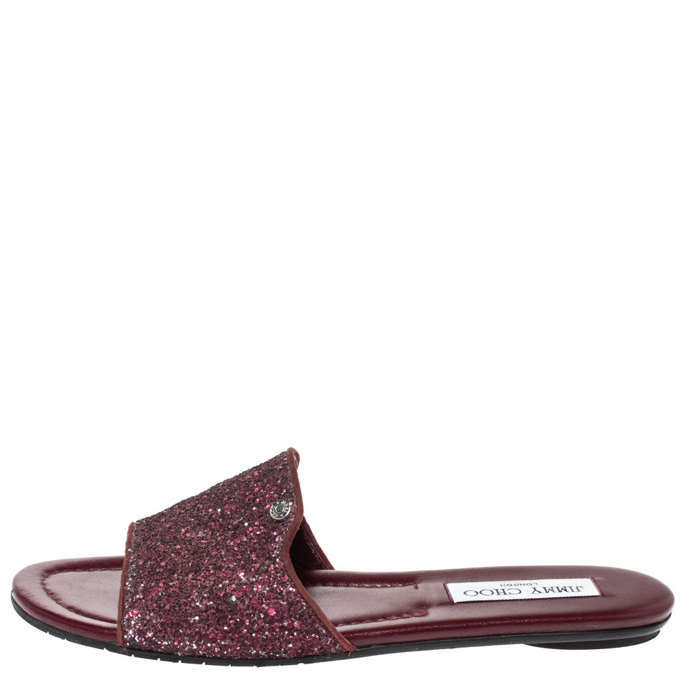 

Jimmy Choo Burgundy Twilight Glitter Fabric Nanda Slide Flats Size