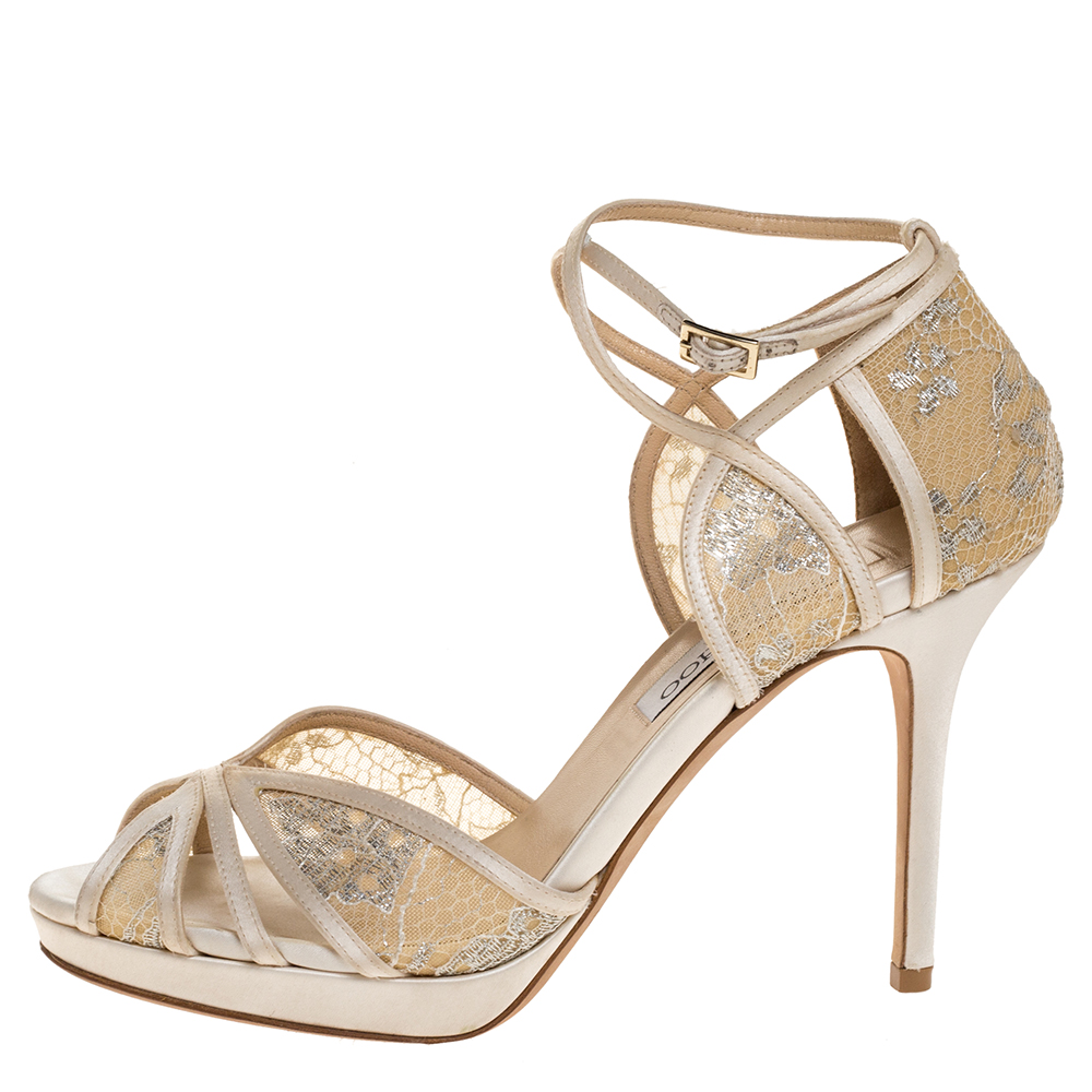 

Jimmy Choo White Lace And Satin Fable Platform Ankle Wrap Sandals Size