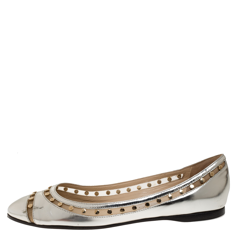 

Jimmy Choo Metallic Silver Leather and Mesh Studded Wes Ballet Flats Size