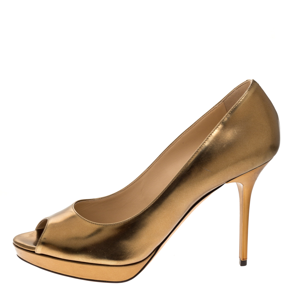 

Jimmy Choo Metallic Gold Leather Peep Toe Platform Pumps Size