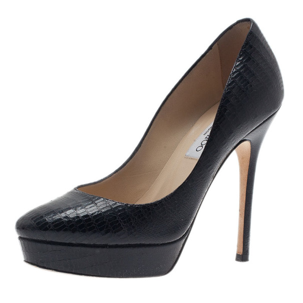 Pre Owned حذاء جيمي تشو جلد سحلية أسود نقوش غائرة مقدمة مرتفعة مقاس 37.5