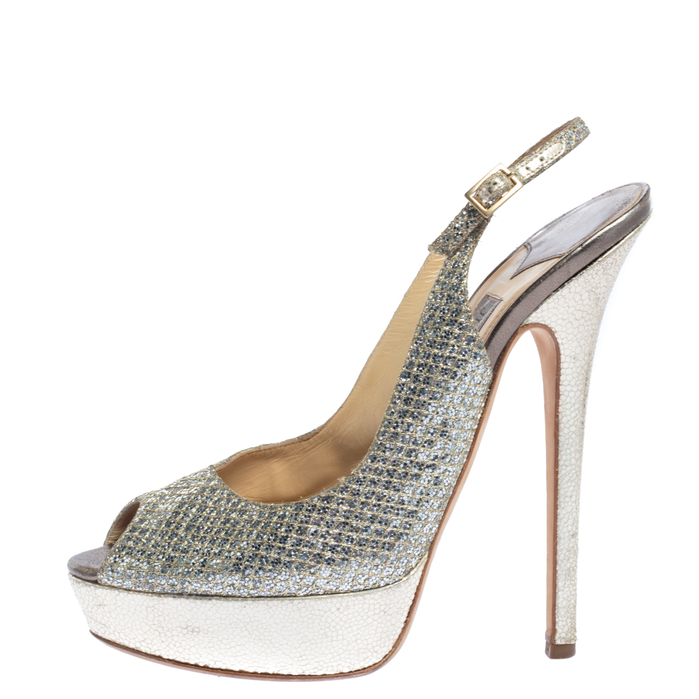 Jimmy Choo Metallic Gold Glitter Fabric And Embossed Leather Verity Peep Toe Platform Slingback Sandals Size, Silver