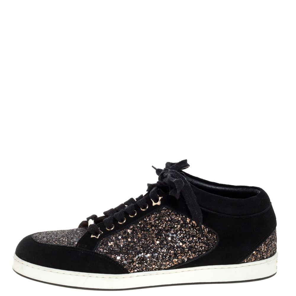 

Jimmy Choo Black Glitter And Suede Miami Low Top Sneakers Size