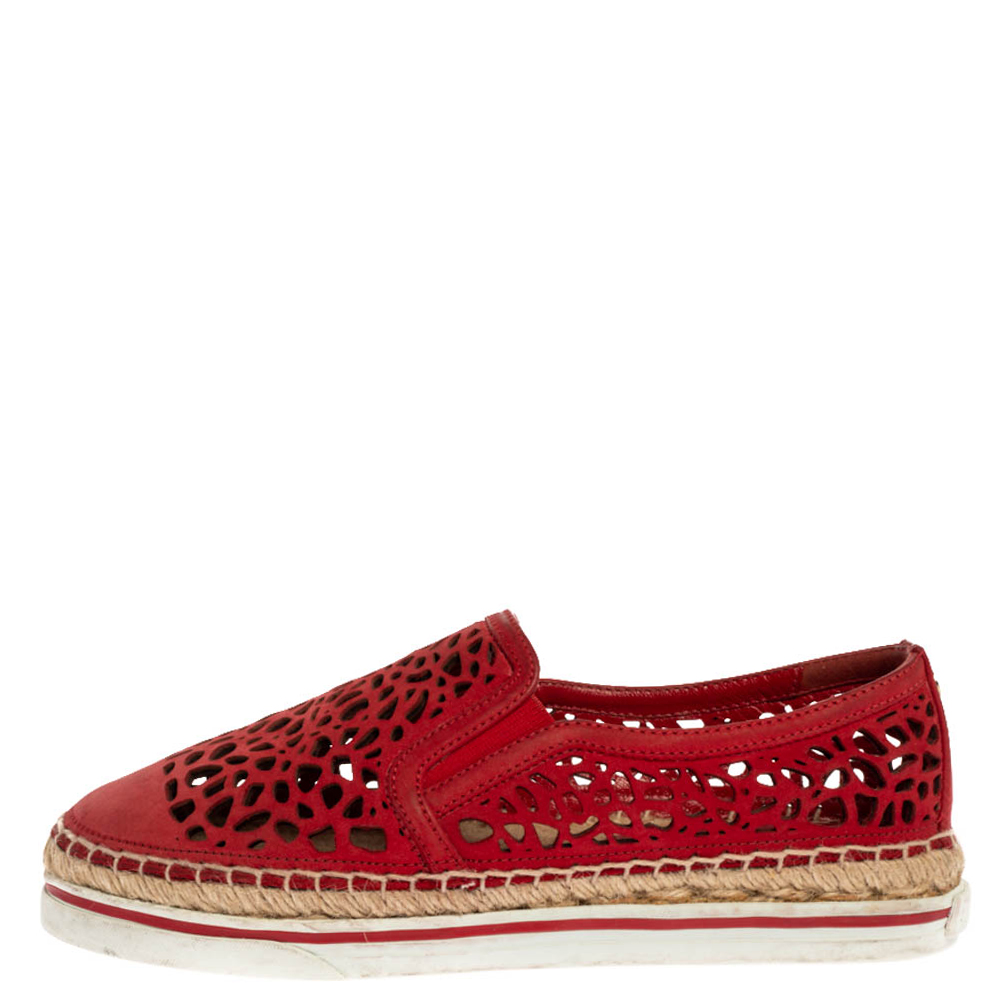 Jimmy Choo Red Cut Out Leather Dawn Slip On Espadrille Flats Size