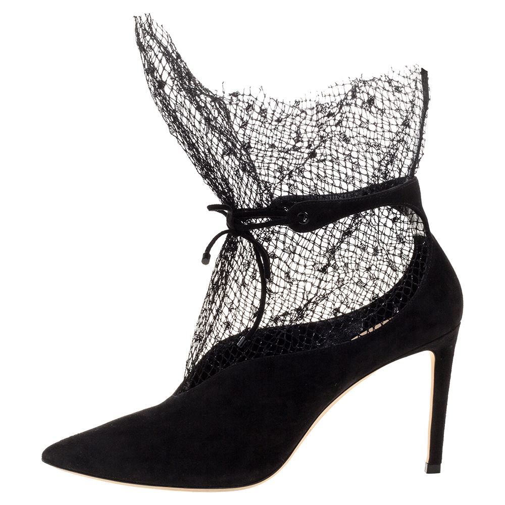 

Jimmy Choo Black Suede Leanne Mesh Detail Ankle Strap Pumps Size