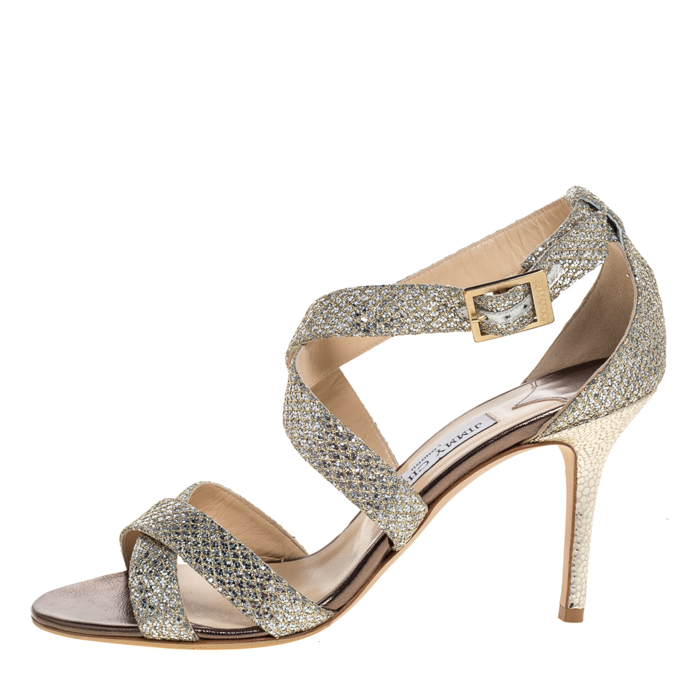 

Jimmy Choo Metallic Silver Glitter Fabric Lottie Cross Strap Sandals Size