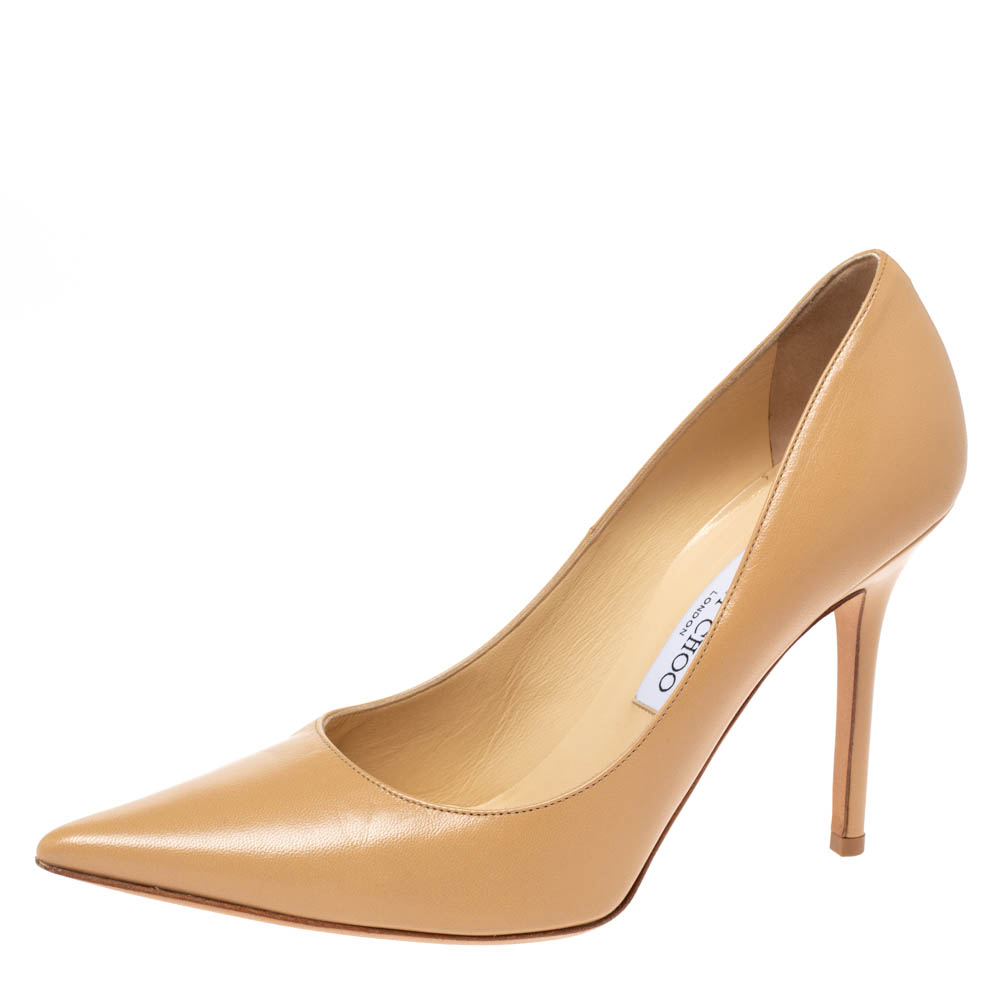 JIMMY CHOO BEIGE LEATHER ROMY POINTED TOE PUMPS SIZE 38.5