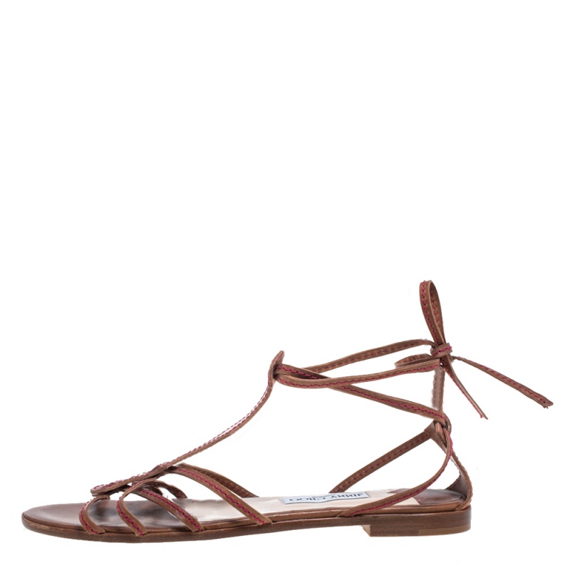 

Jimmy Choo Brown Leather Stitch Detail Gladiator Ankle Wrap Flat Sandals Size