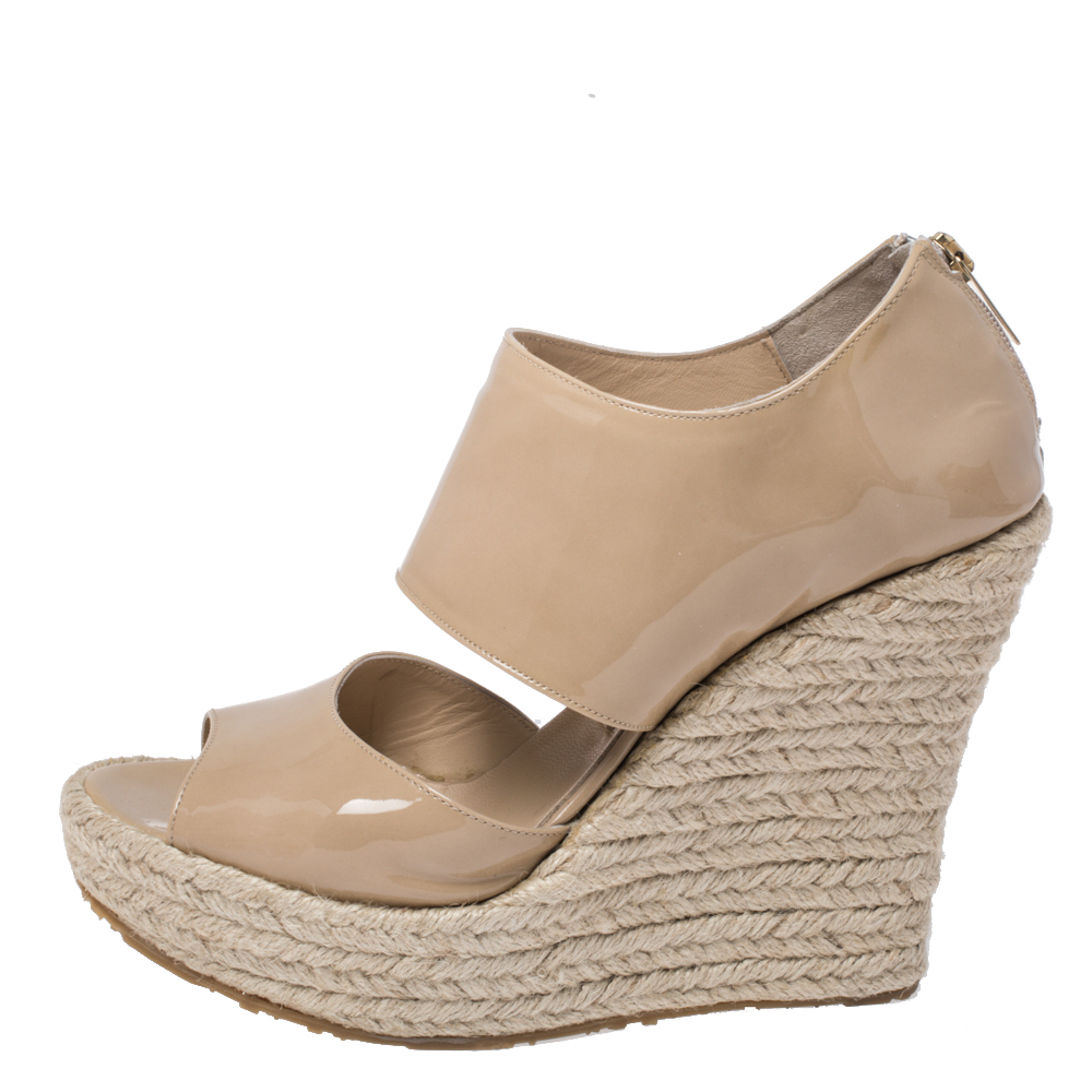 

Jimmy Choo Beige Patent Patriot Espadrille Wedge Cut Out Booties Size