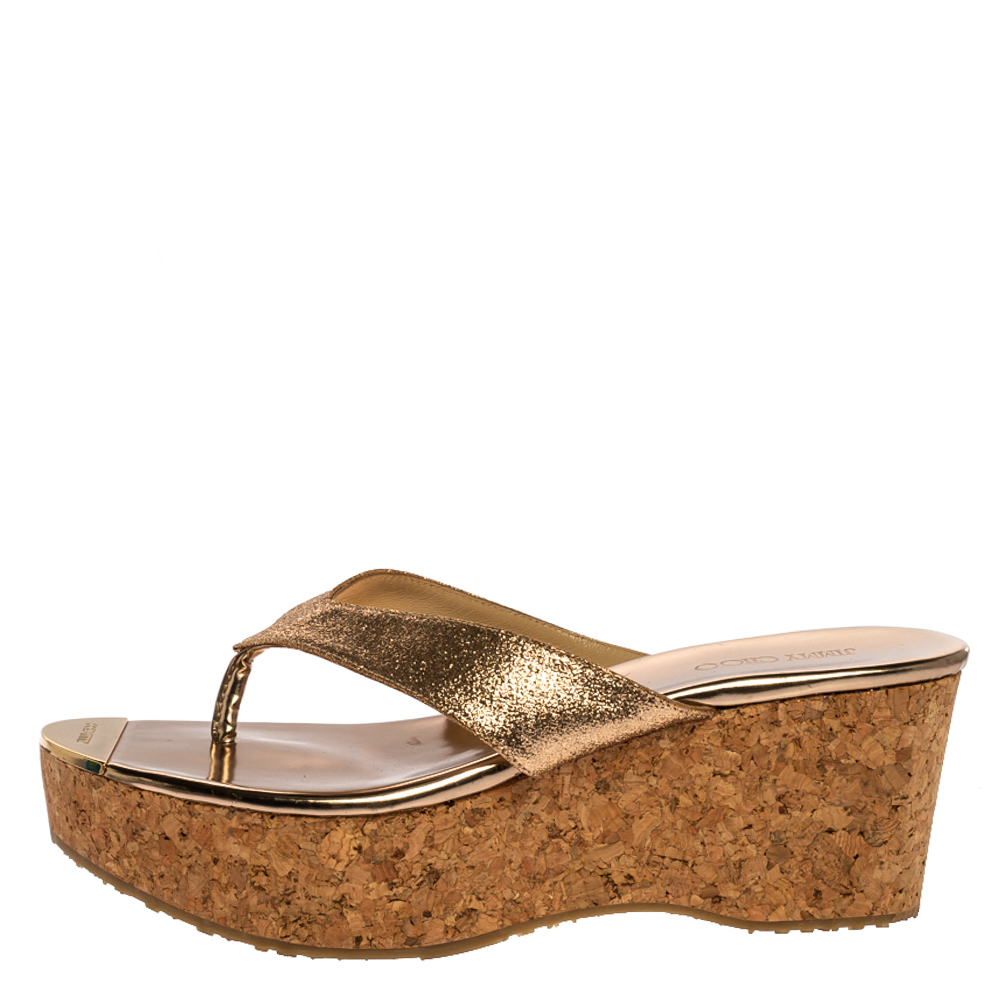 

Jimmy Choo Rose Gold Glitter Fabric Pathos Thong Cork Wedge Slides