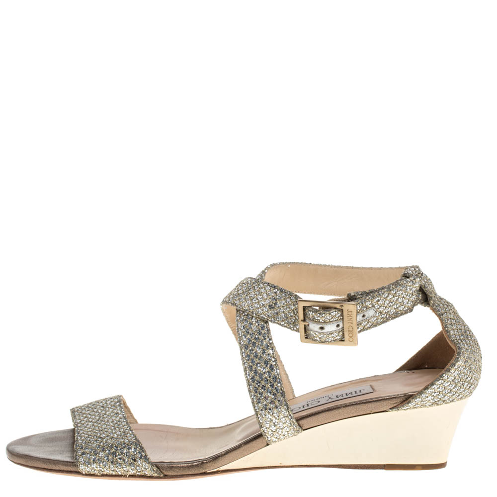 

Jimmy Choo Silver/Gold Coarse Glitter Ankle Strap Sandals Size