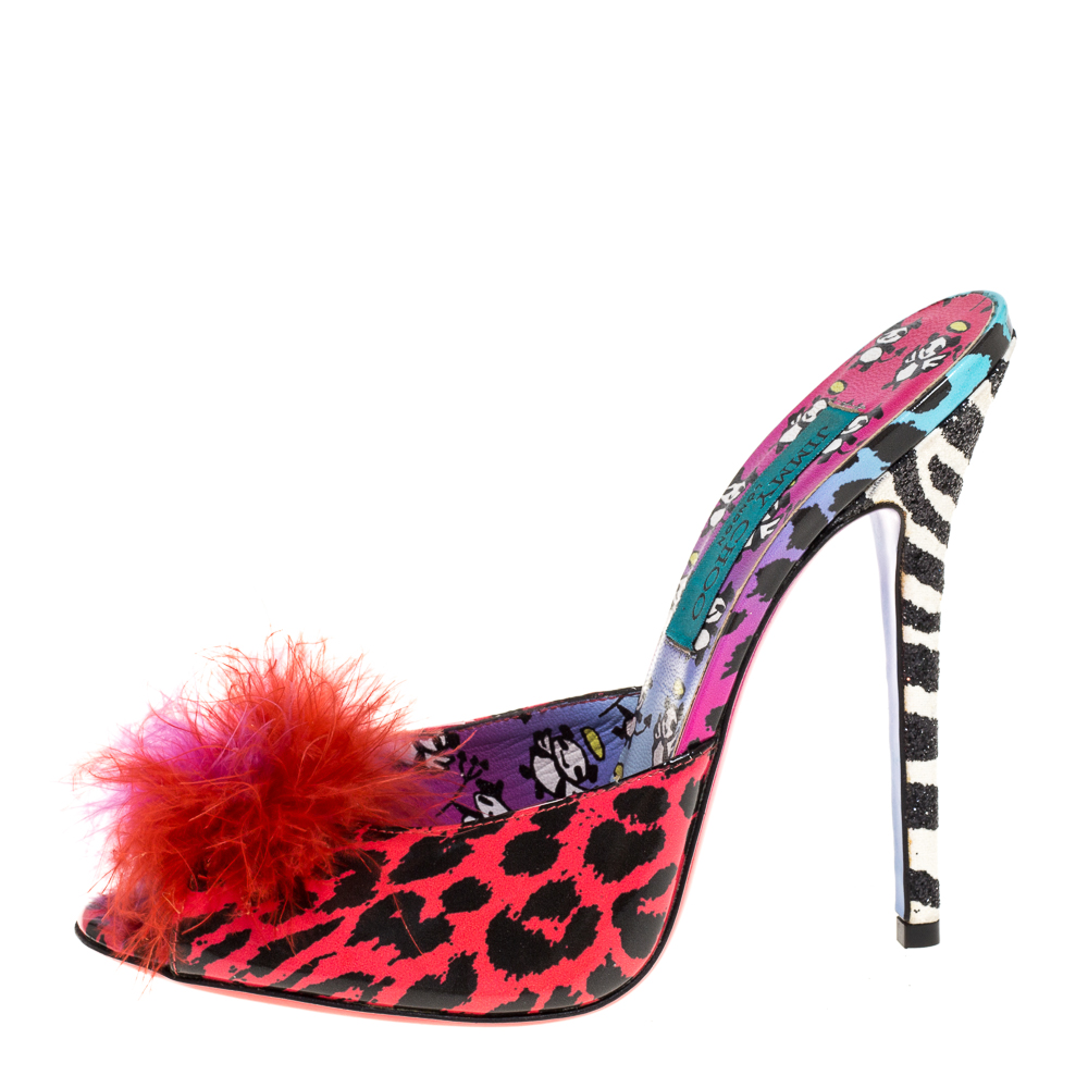 

Jimmy Choo Multicolor Printed Patent Leather Tickle Fur Open Toe Sandals Size