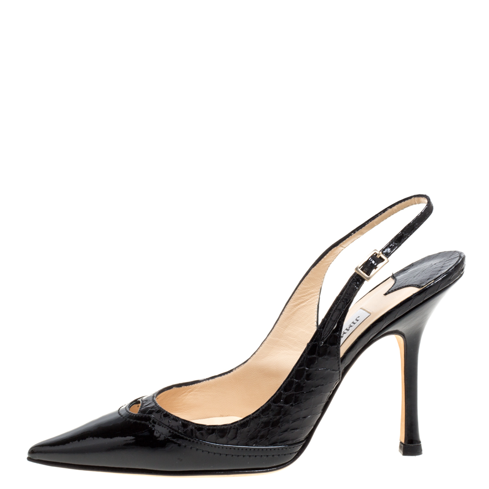 

Jimmy Choo Black Patent Leather and Python Effect Leather Slingback Pointed Toe Pumps Size