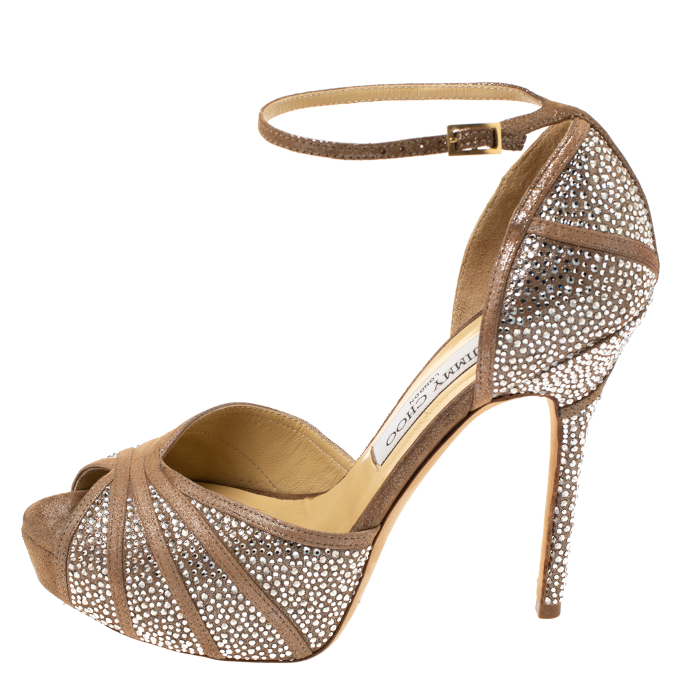 

Jimmy Choo Beige Glitter Suede Kalpa Crystal Embellished Ankle Strap Platform Sandals Size