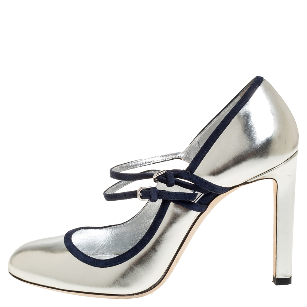 

Jimmy Choo Silver/Blue Cut Out Patent Leather and Suede Micha Pumps Size