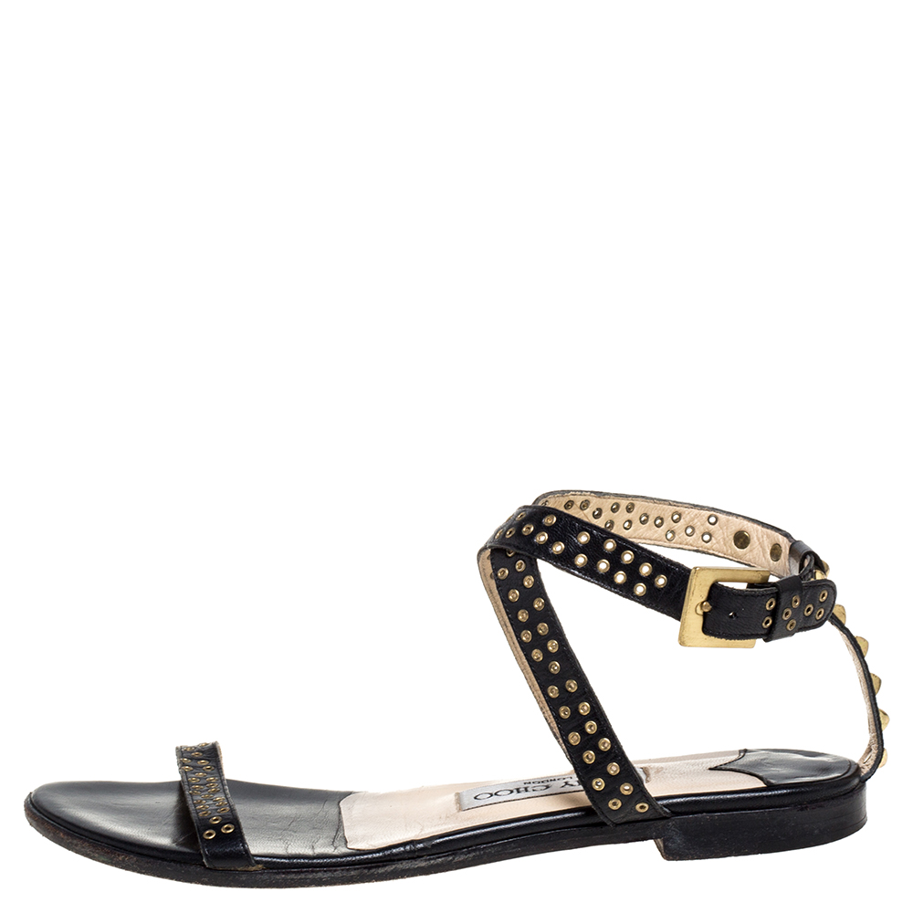 

Jimmy Choo Black Leather Open Toe Studded Flats Size