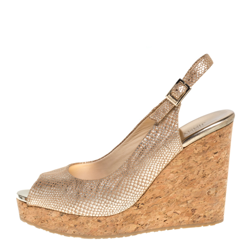 

Jimmy Choo Metallic Gold Python Print Fabric Prova Slingback Cork Wedge Sandals Size