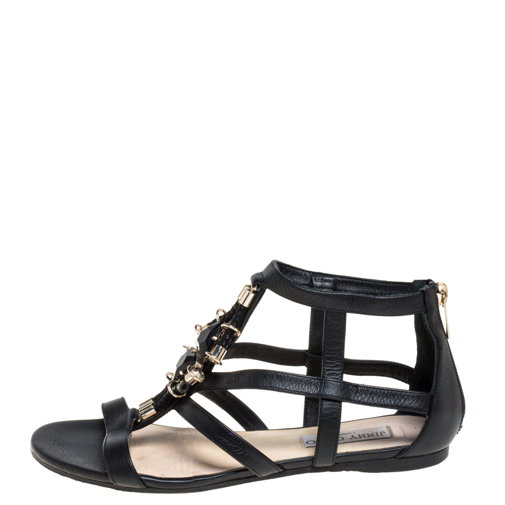 

Jimmy Choo Black Leather Nano Flat Jewel Embellished Cage Sandals Size