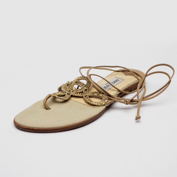 Pre Owned Jimmy Choo Gold Nappa Leather Embellished 'Jolly' Thong Sandals Size 39.5