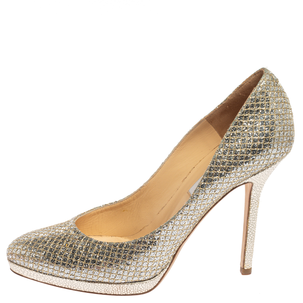 

Jimmy Choo Metallic Silver Glitter And Lace Platform Pumps Size