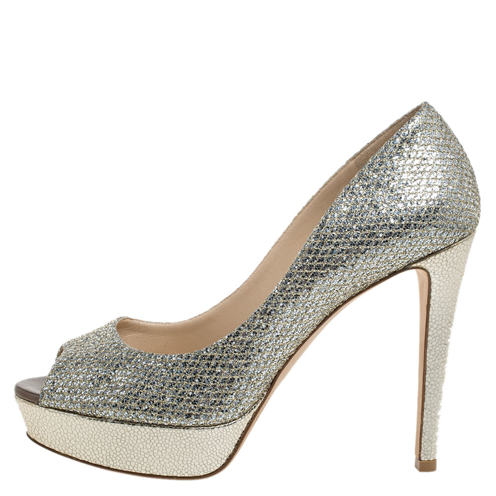 

Jimmy Choo Gold Champagne Glitter Luna Peep Toe Platform Pumps Size