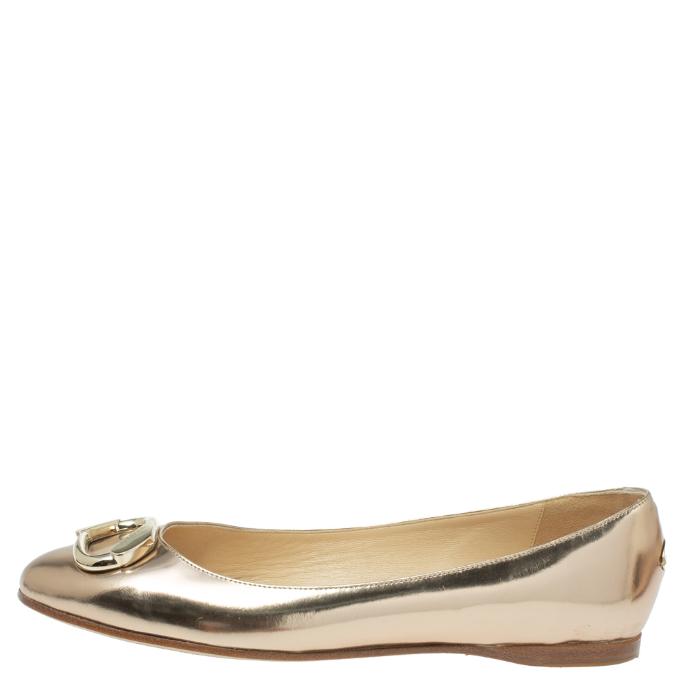 

Jimmy Choo Gold Mirror Leather Buckle Toe Ballet Flats Size