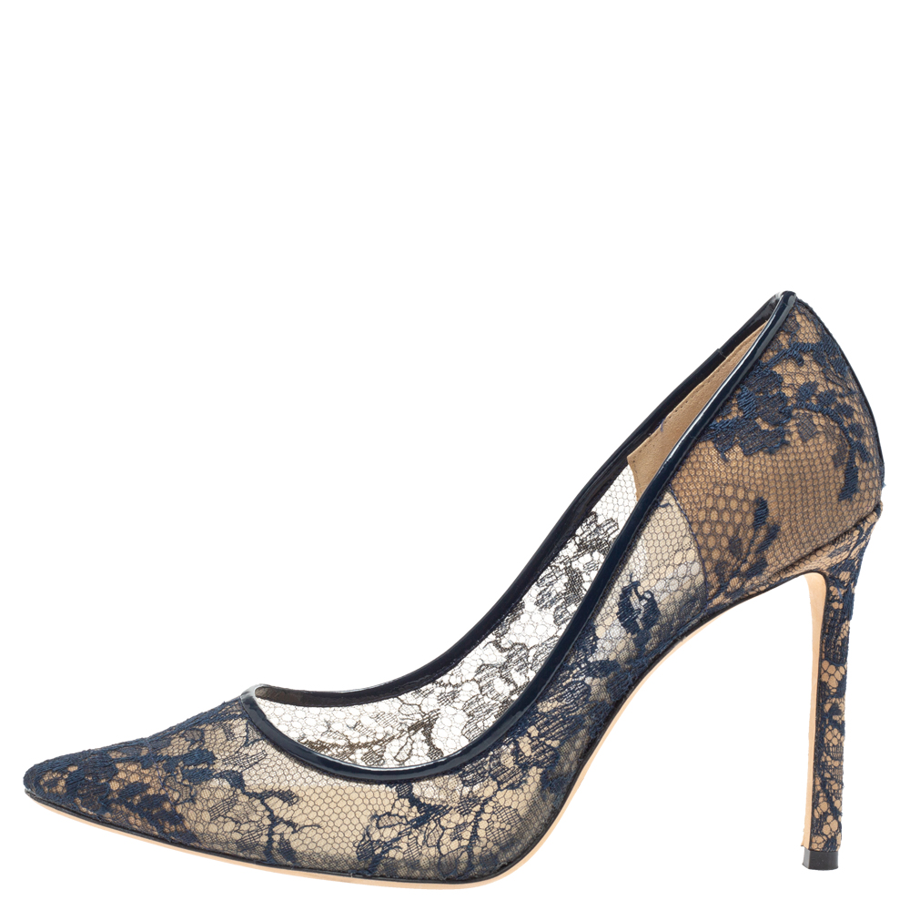 

Jimmy Choo Blue Lace And Mesh Pointed Toe Pumps Size