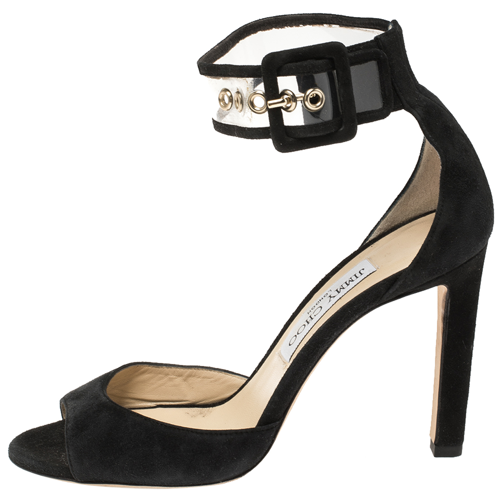 

Jimmy Choo Black Suede and PVC Moscow Peep Toe Ankle Cuff Sandals Size