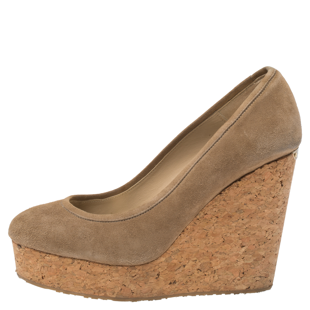 

Jimmy Choo Beige Suede And Cork Wedge Platform Pumps Size
