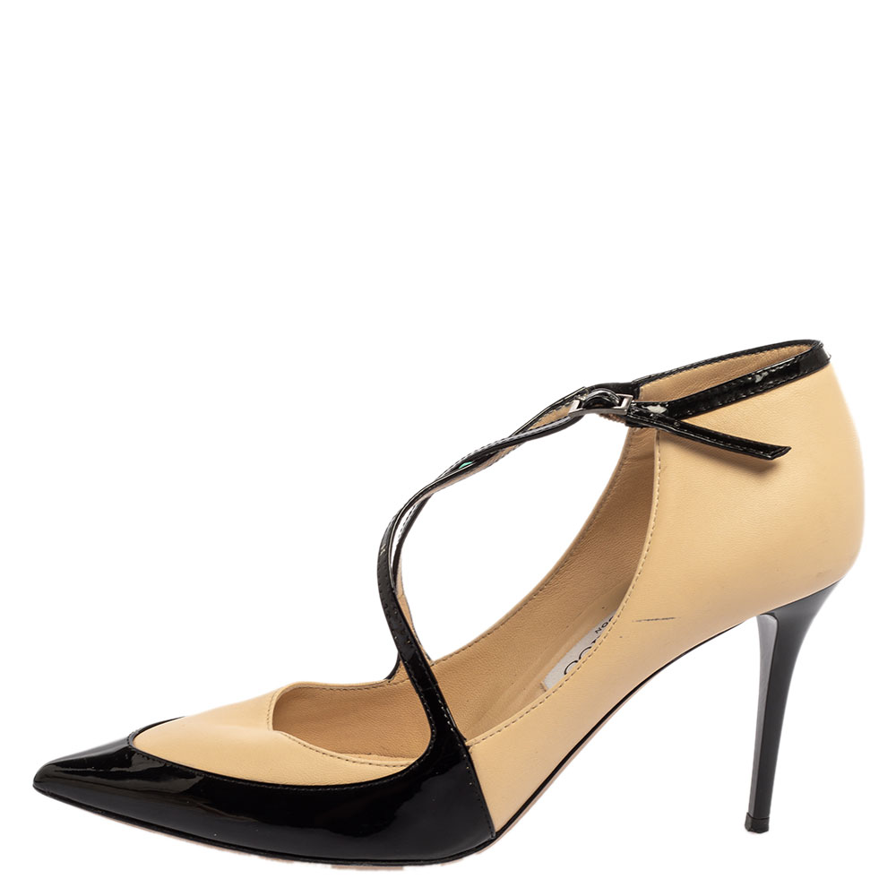 

Jimmy Choo Two Tone Leather Madera Cross Strap Pointed Toe Pumps Size, Beige